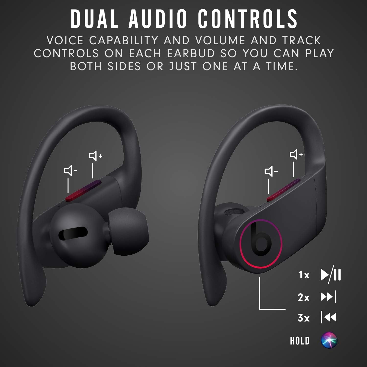 DUAL AUDIO CONTROLS

VOICE CAPABILITY AND VOLUME AND TRACK CONTROLS ON EACH EARBUD SO YOU CAN PLAY BOTH SIDES OR JUST ONE AT A TIME.

1x 2x 3x HOLD