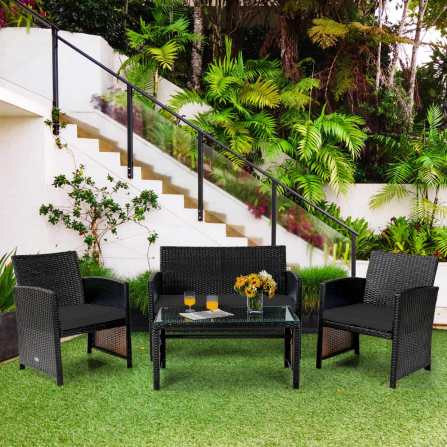 Mondawe - Freestanding Patio Rattan Set with Loveseat, 2 Chairs & Table 4-Piece - mix brown+Black