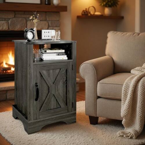 Left. LUCKY ONE - 16" Assembled Farmhouse Nightstand with Charging Station USB - Dark Grey.