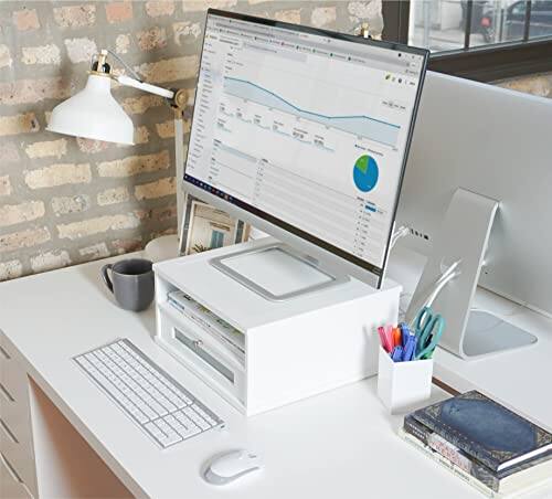 Alt View 3. Victor - Wood Monitor Riser W1175, Drawer, Open Shelf, Cable Management, Faux Leather Top, 13 x 13 x 6.5 in - Pure White.