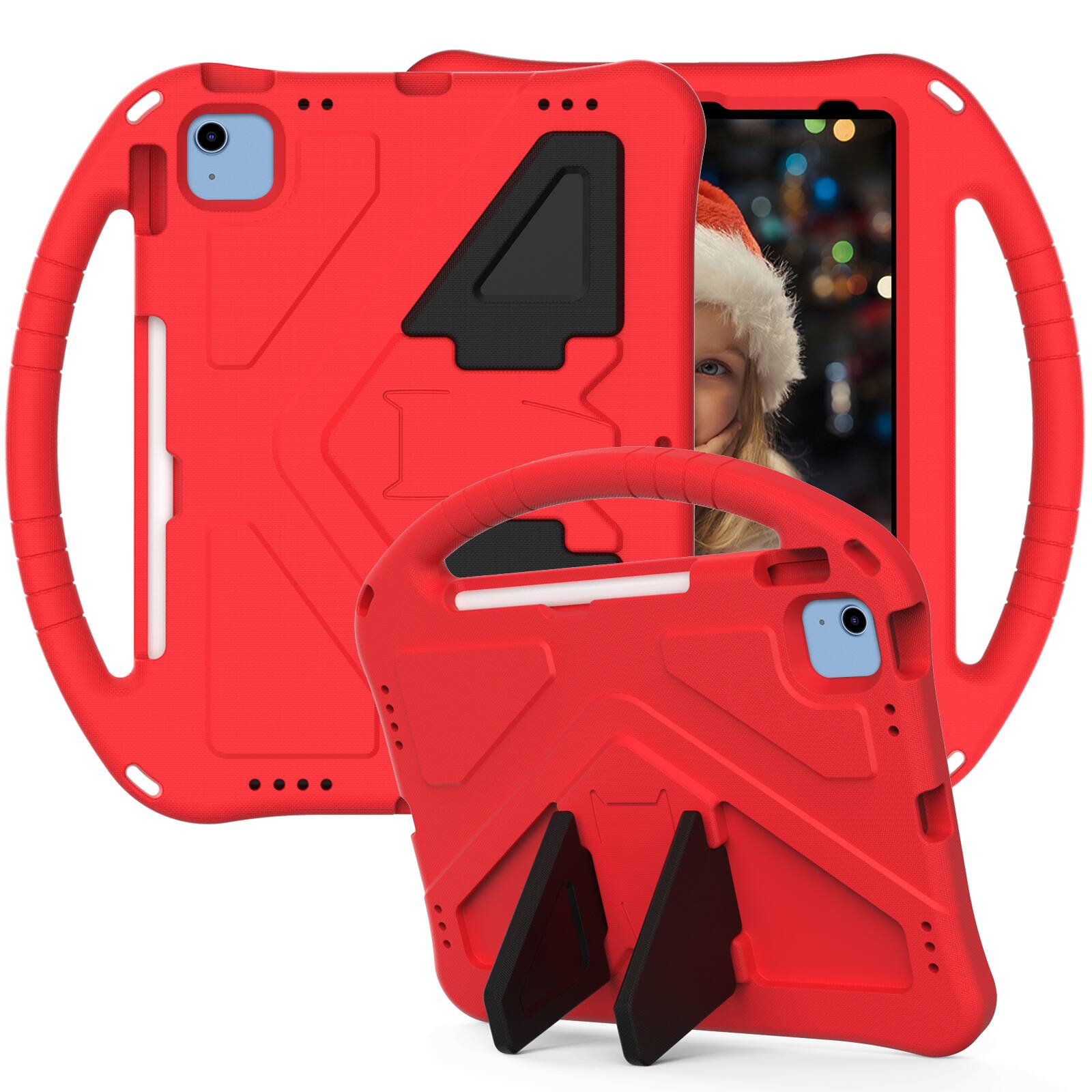 The image shows a red phone case with a unique design, featuring a handle and cutouts for the camera and buttons.