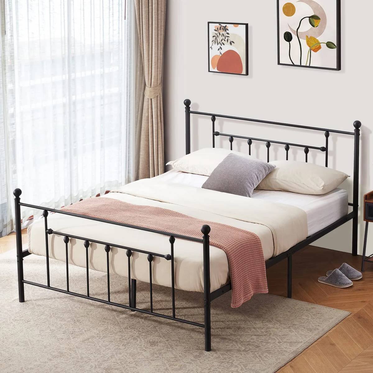 Angle. Hivvago - Hivvago Queen size Vintage Style Metal Platform Bed Frame with Headboard Footboard - Black.