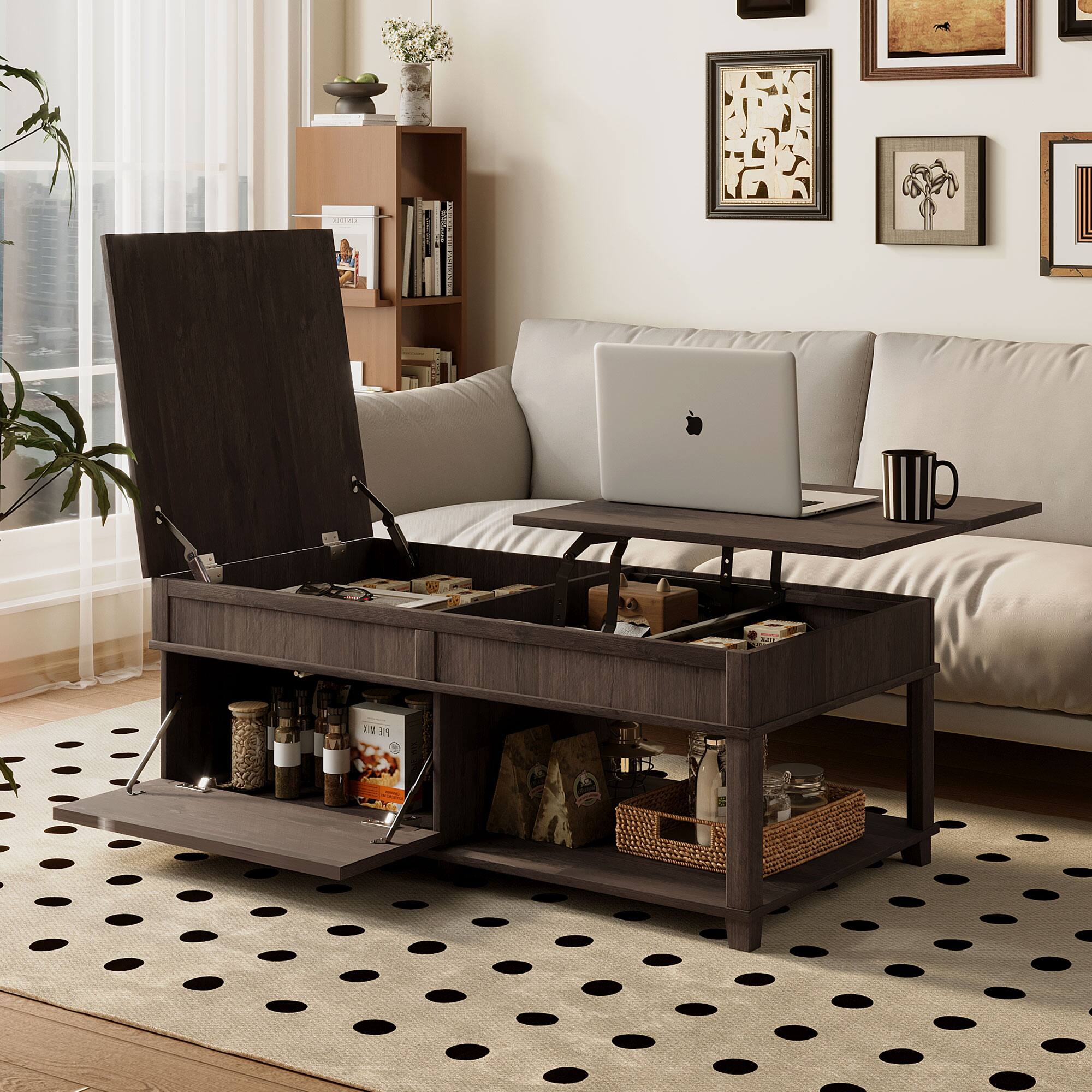 Alt View 9. Forest'nSky - Brown Lift-Top Coffee Table with Hidden Compartment, Open Shelf, and Adjustable Desktop - Brown.