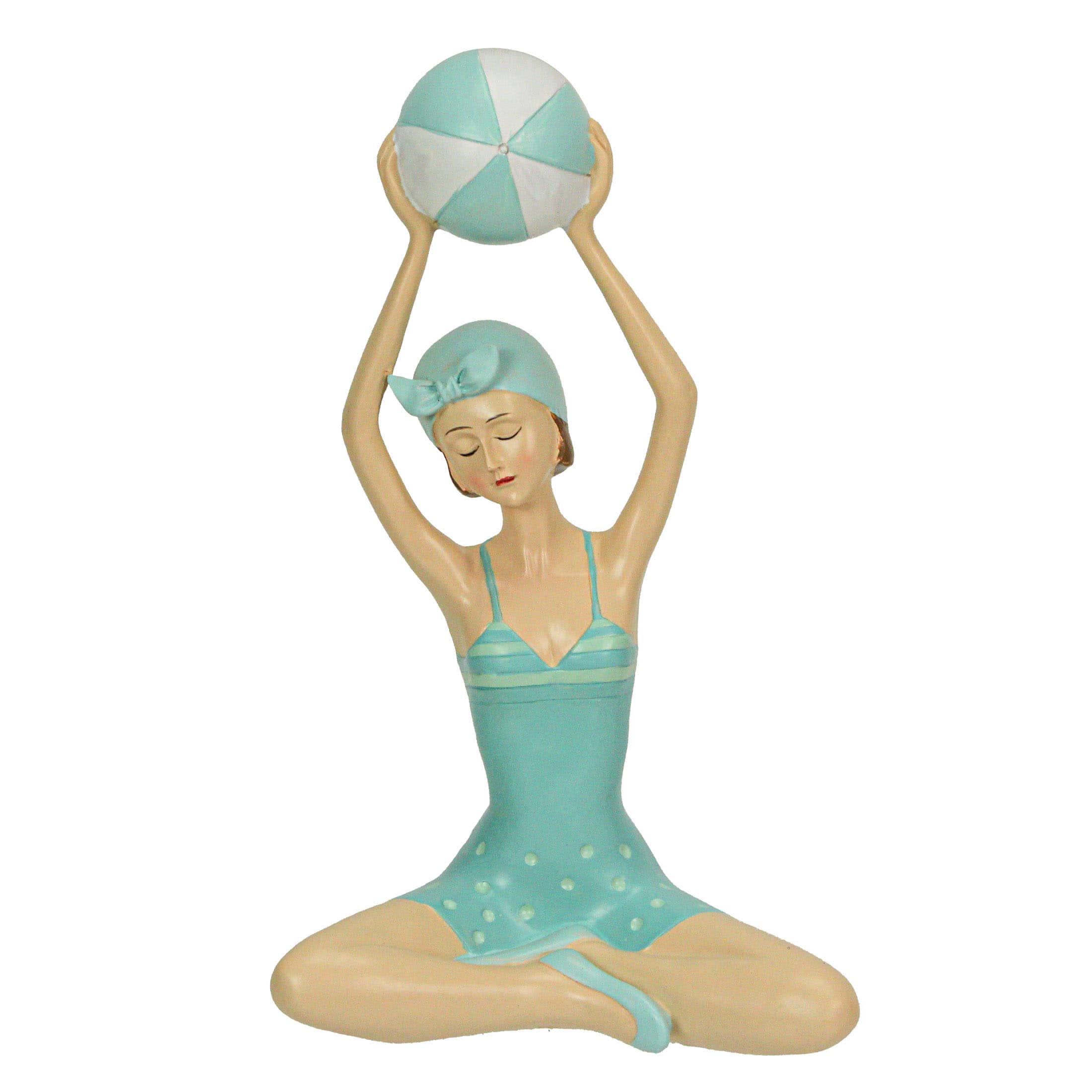 Fancy That - Retro Bathing Beauty Beach Girl With Ball Sage Green Polka Dot Swimsuit Figurine - Aqua