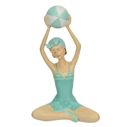 Front. Fancy That - Retro Bathing Beauty Beach Girl With Ball Sage Green Polka Dot Swimsuit Figurine - Aqua.