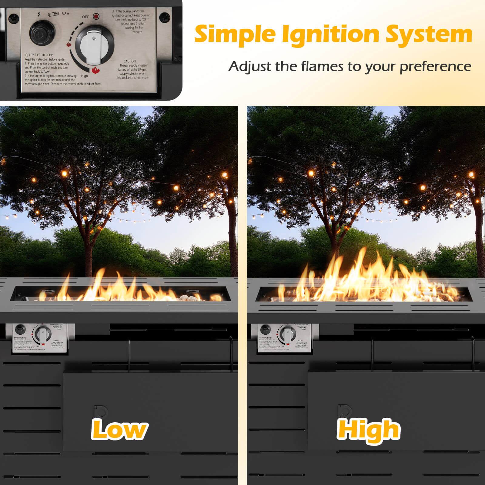 Simple Ignition System  
Adjust the flames to your preference  

Ignition Instructions:  
1. Push the ignition button to ignite the fire.  
2. Turn the control knob to the desired flame level.  
3. If the burner does not ignite, turn the knob to the off position and try again.  

Low  
High