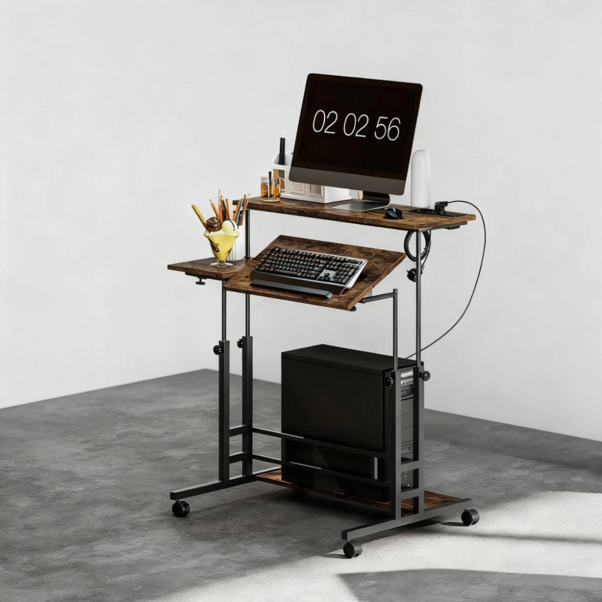 Left. GOODSILO - Adjustable Standing Desk with Tiltable Tabletop, Mobile Casters, and Built-in Charging Station - Brown.