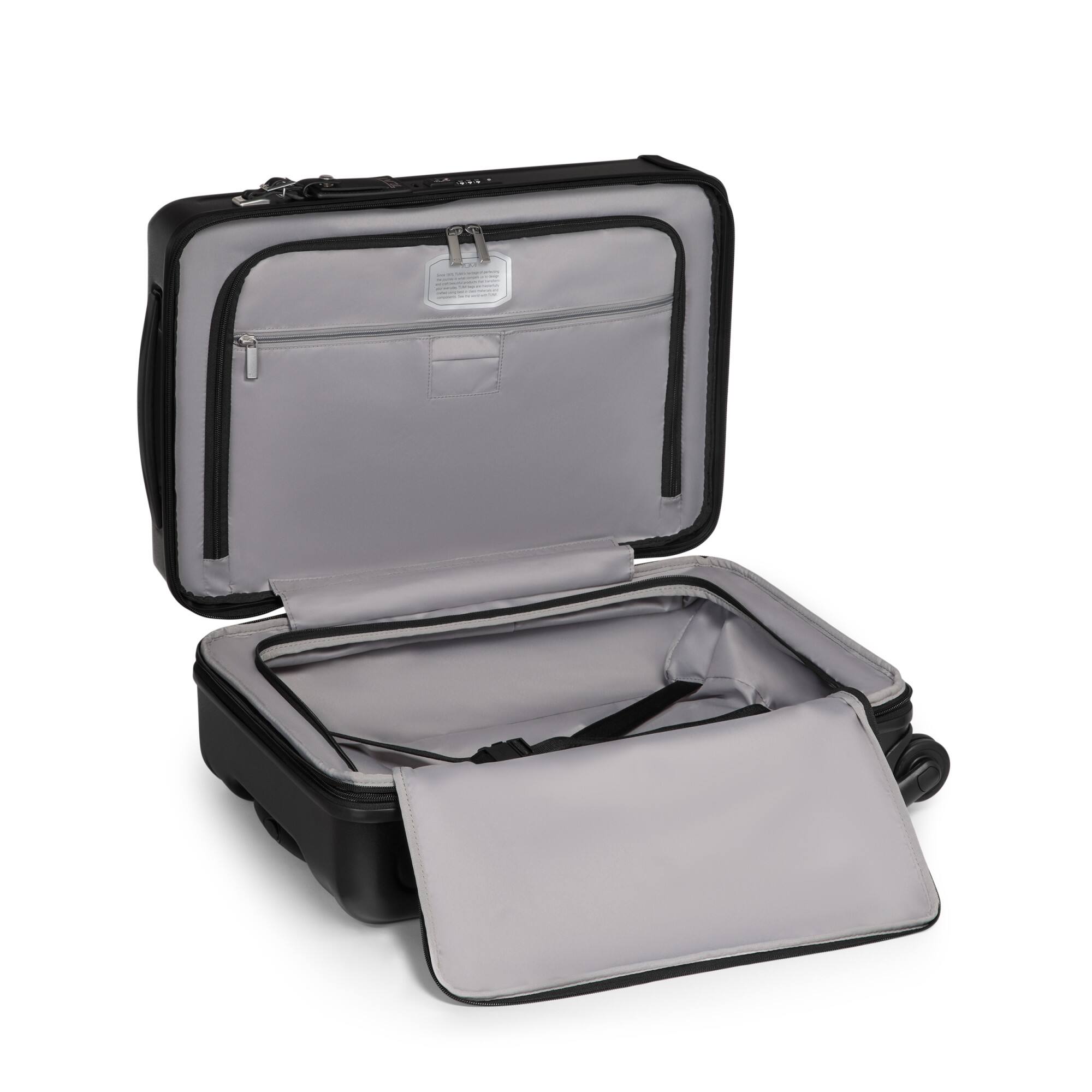 Angle. TUMI - Ventra Expandable Carry-On Spinner Suitcase - Black Texture.