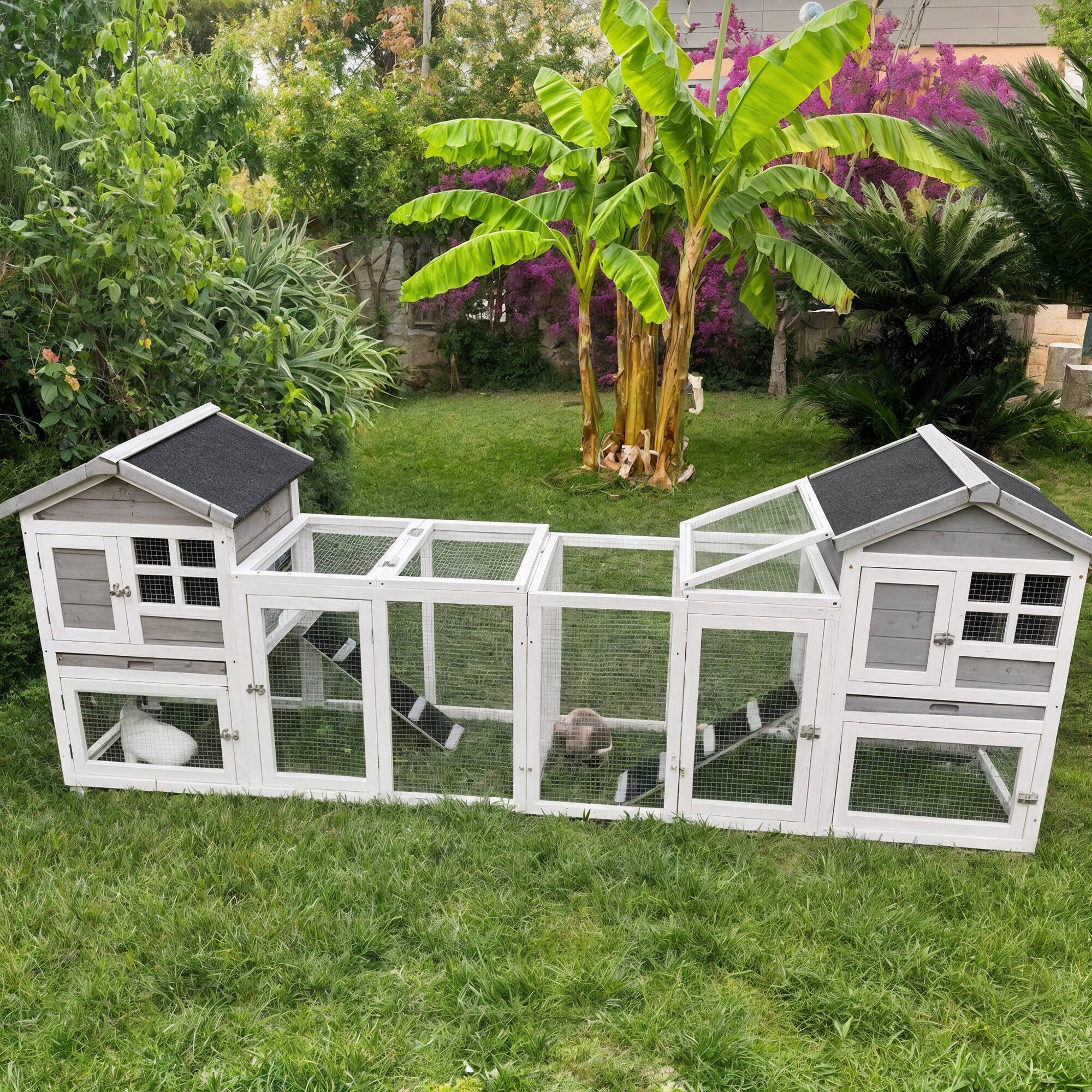 Alt View 4. Pawhut - 102" 2 in 1 Wooden Rabbit Hutch, Large Bunny House Enclosure with 2 Run Boxes, No Leak Tray, Ramp, Small Animals.