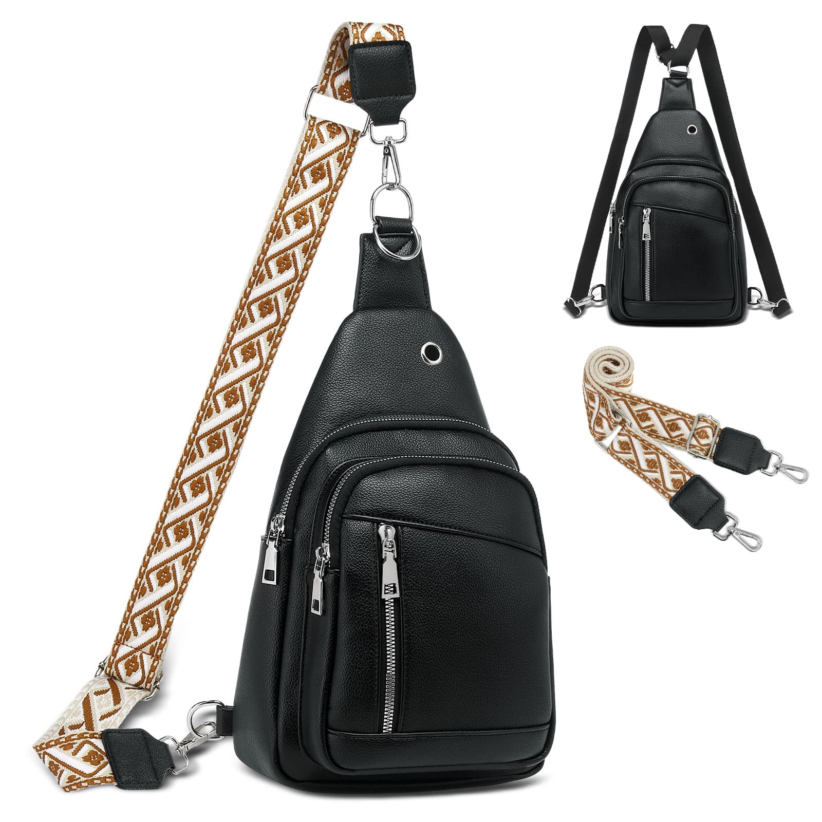 Unique Bargains - Anti Theft Sling Bag 2 in 1 PU Leather 8.3" Convertible Crossbody Bags Fanny Pack Backpack with 2 Removable Straps - Black