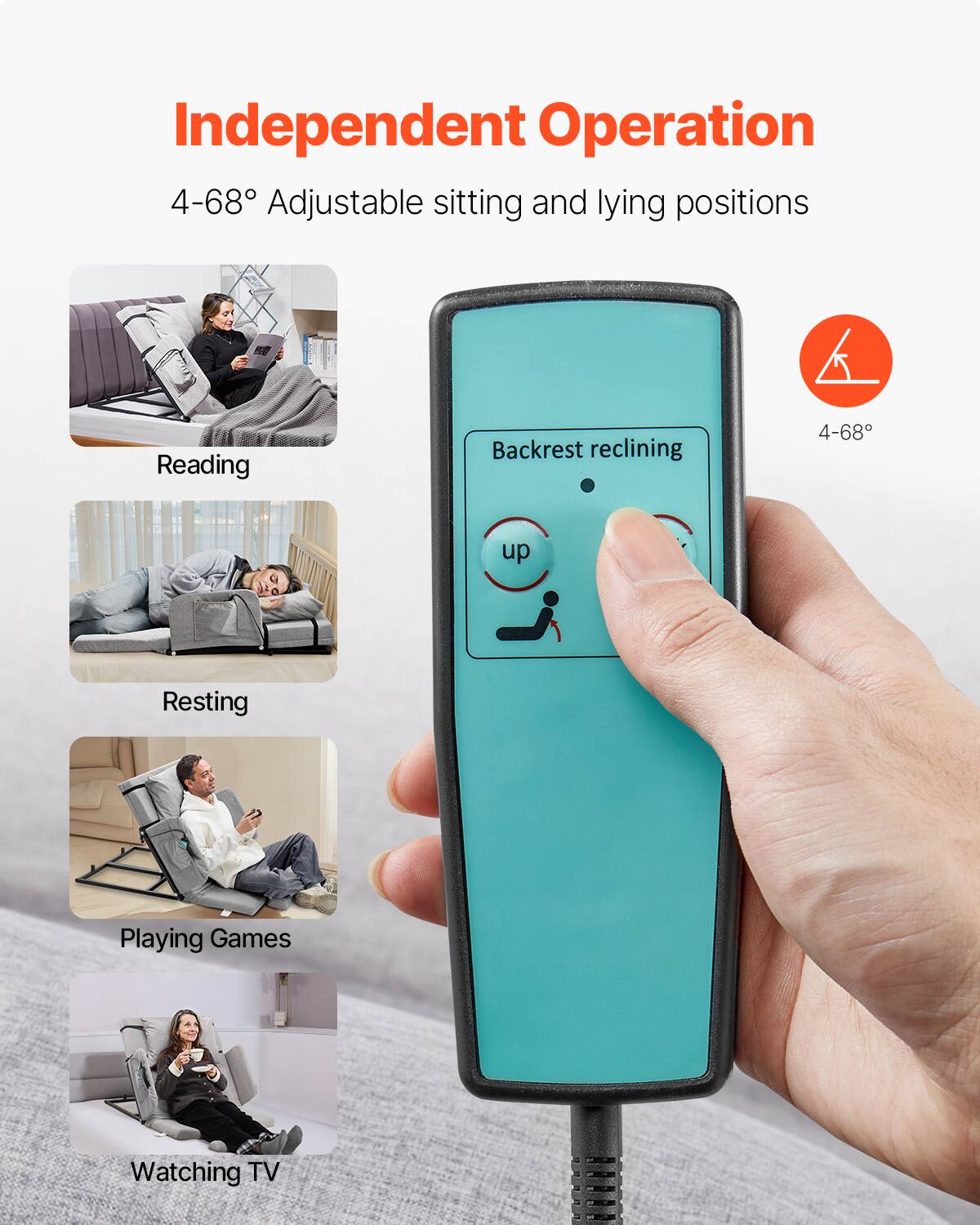 Independent Operation

4-68° Adjustable sitting and lying positions

- Reading
- Resting
- Playing Games
- Watching TV

Backrest reclining

4-68°