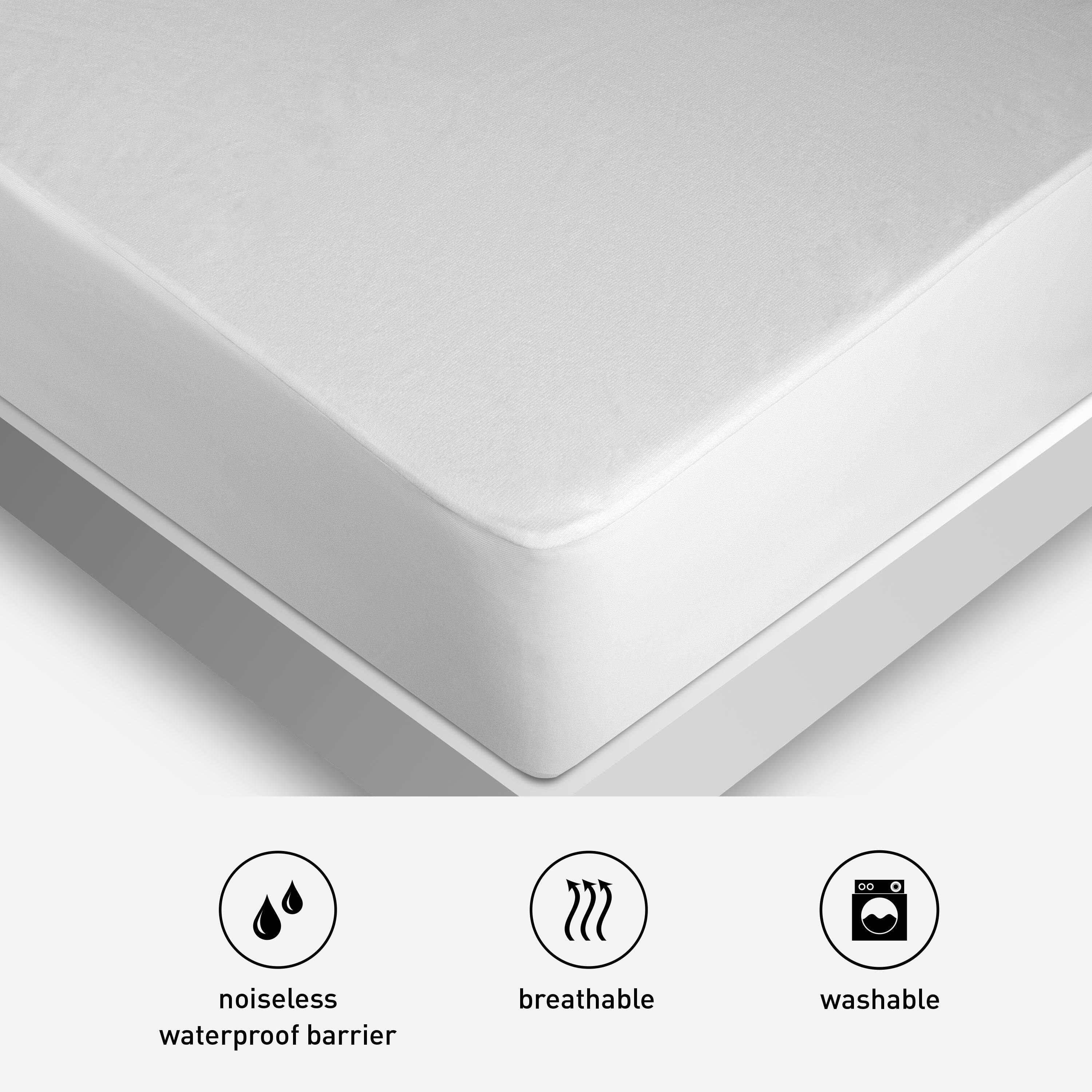 - noiseless waterproof barrier
- breathable
- washable