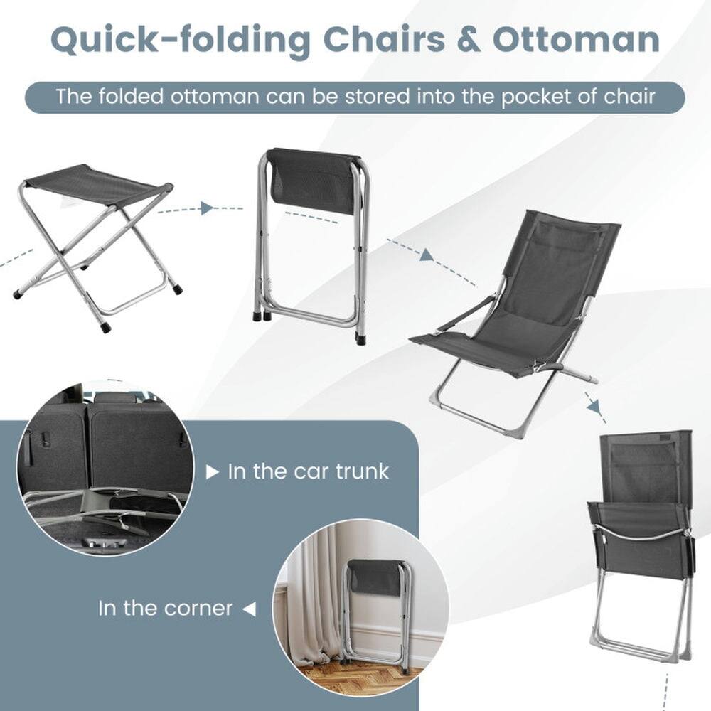 Quick-folding Chairs & Ottoman

The folded ottoman can be stored into the pocket of chair

- In the car trunk
- In the corner