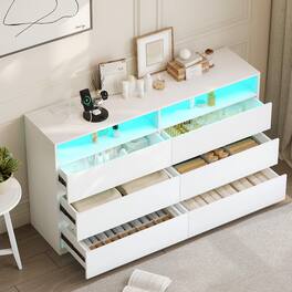 Dyonery - Modern 6-Drawer Double Dresser with Power Outlet & LED Lights, Wide Storage Chest with Open Shelving - White