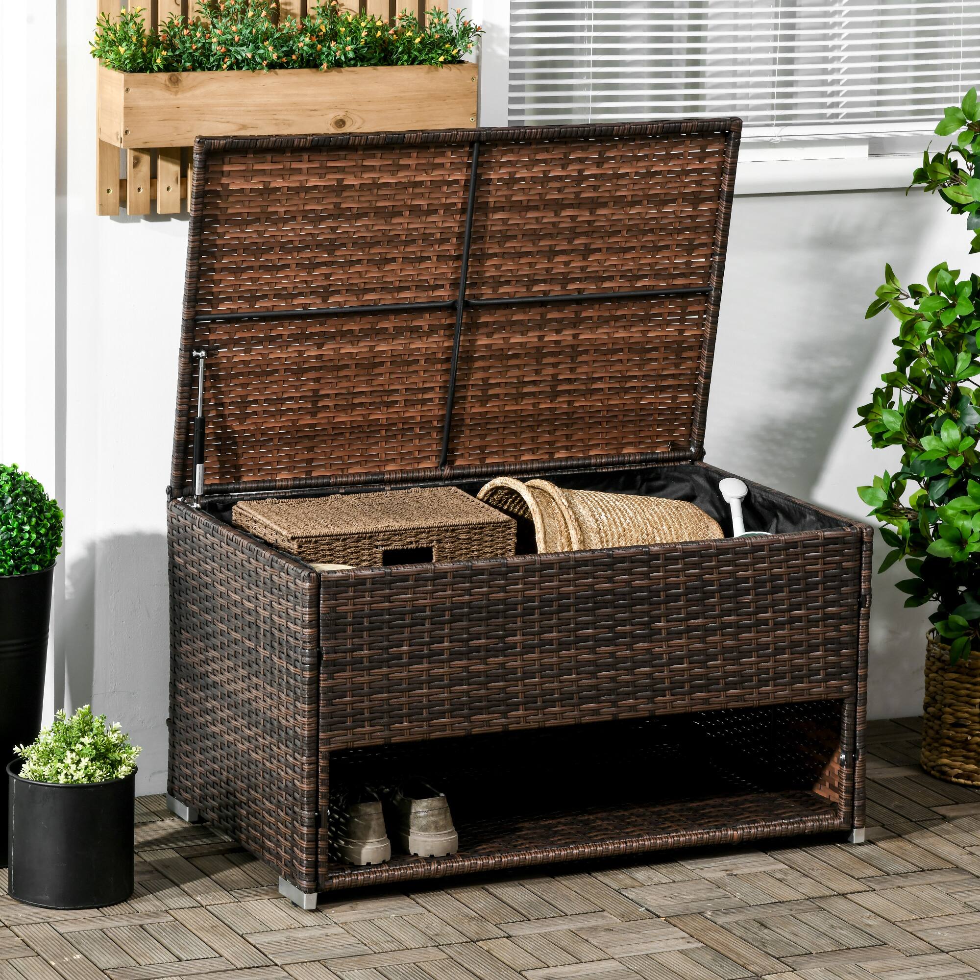 Alt View 1. Outsunny - Outdoor Deck Box and Waterproof Shoe Storage, PE Rattan Wicker Towel Rack with Liner for Indoor, Outdoor - Brown.