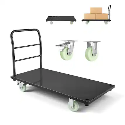 Front. VEVOR - Heavy Duty Platform Truck, 2000 lbs Capacity, Industrial Steel Flatbed Cart with Swivel Wheels and Handle - Black.