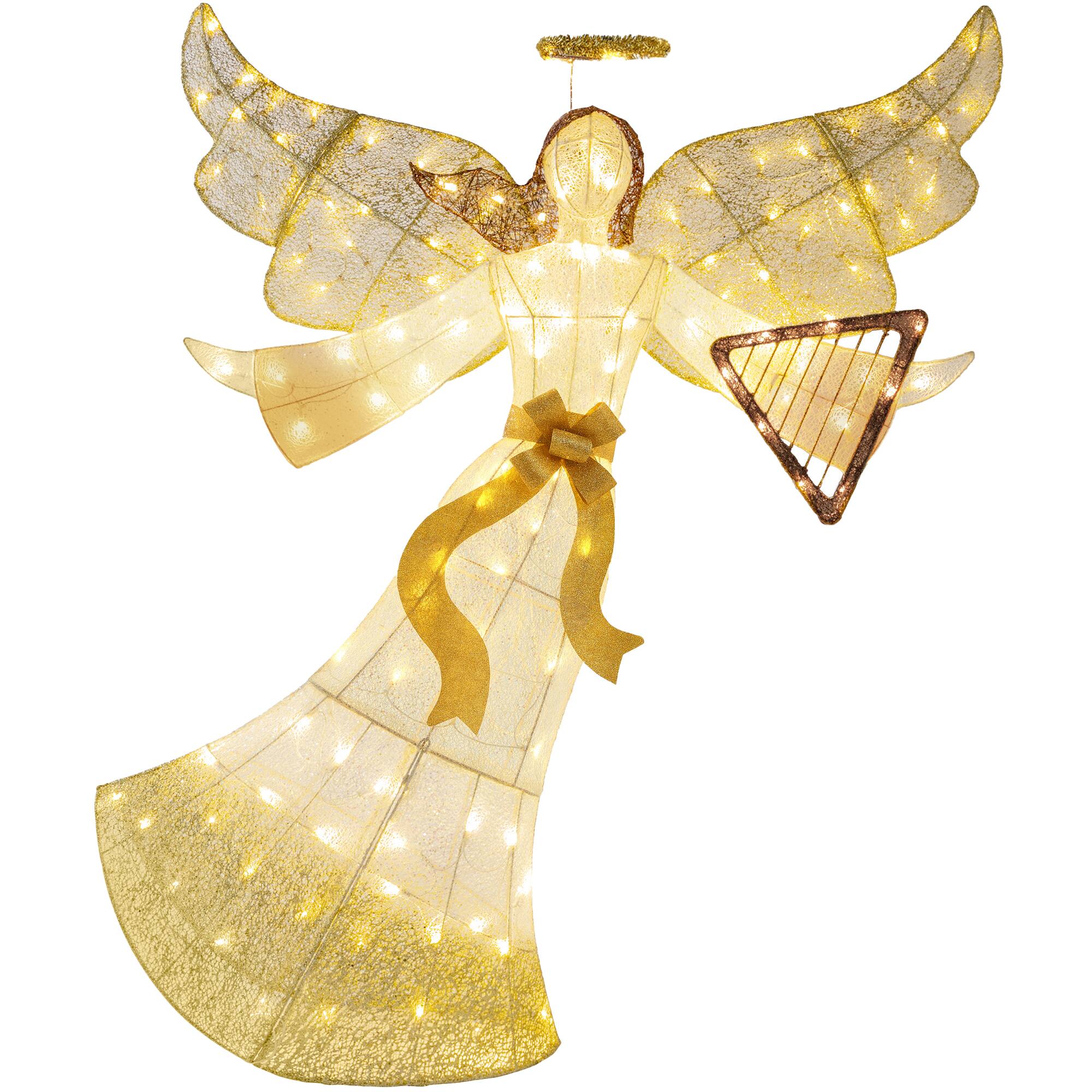 Best Choice Products - 5ft Lighted Outdoor Angel Christmas Decoration for Lawn w/ 140 LED Lights, Harp, Bow, Ground Stakes - Gold