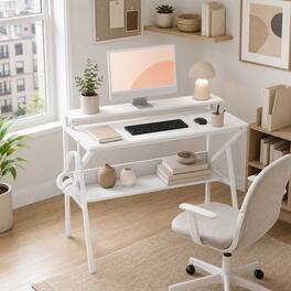 WELLFOR - 39.5 " Modern Computer Desk with Monitor Stand & Storage Shelf, Small Gaming Desk for Home Office - White