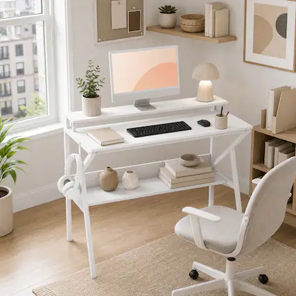 Front. WELLFOR - 39.5 " Modern Computer Desk with Monitor Stand & Storage Shelf, Small Gaming Desk for Home Office - White.