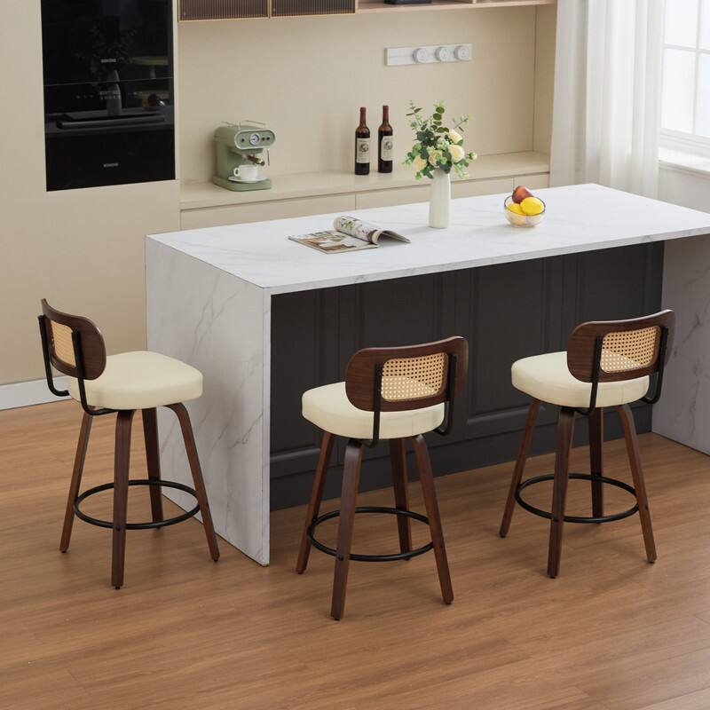 Alt View 2. HTUTWOO - Set of 3 Counter Height Bar Stools - Rattan Counter Height Stools, Swivel Counter Stools,for Island/Kitchen/Counter/Bar - Beige.