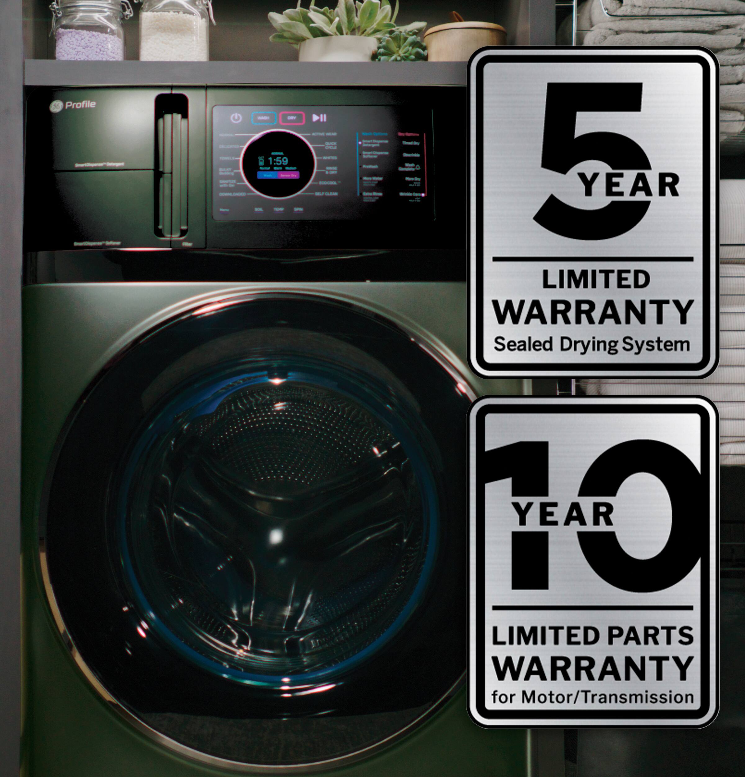 5 YEAR LIMITED WARRANTY  
Sealed Drying System  

10 YEAR LIMITED PARTS WARRANTY  
for Motor/Transmission