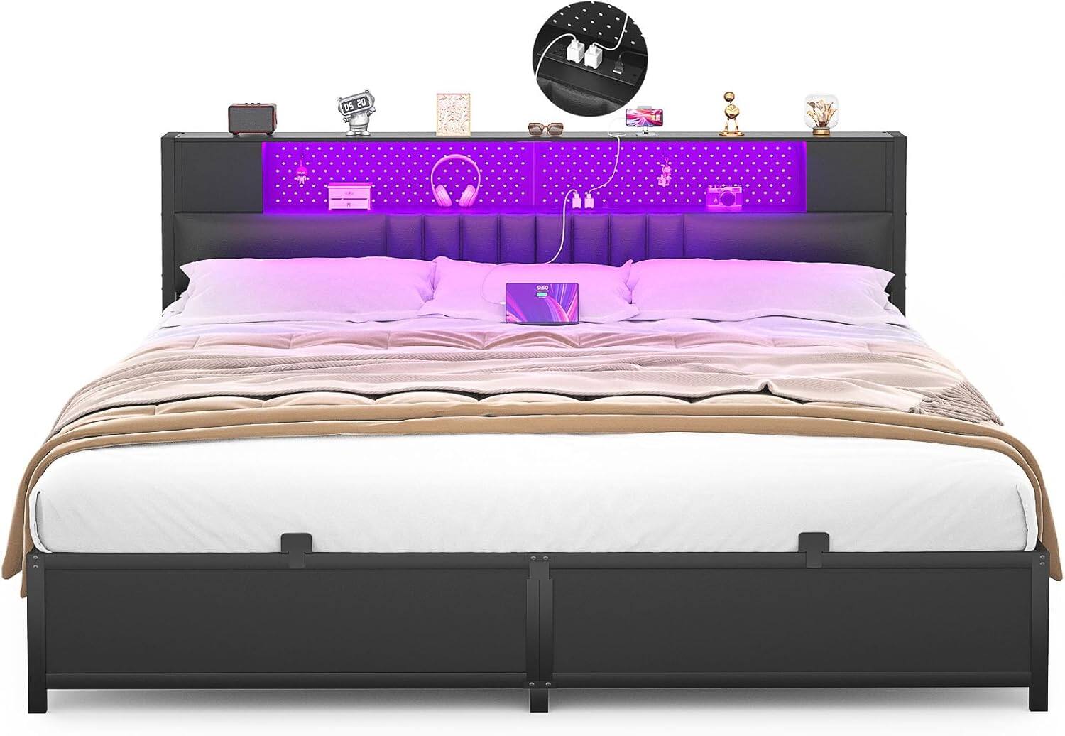 Aheaplus - Modern Bed Frame: Power Outlet & LED Lights, Headboard Storage, Quiet Support - Black