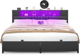 Aheaplus - Modern Bed Frame: Power Outlet & LED Lights, Headboard Storage, Quiet Support - Black