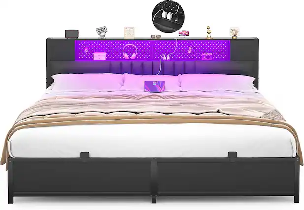 Front. Aheaplus - Modern Bed Frame: Power Outlet & LED Lights, Headboard Storage, Quiet Support - Black.