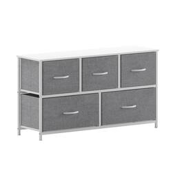 Emma + Oliver - Marley 5 Drawer Storage Dresser with Cast Iron Frame, Wood Top and Easy Pull Fabric Drawers with Wooden Handles - Gray Drawers/White Frame