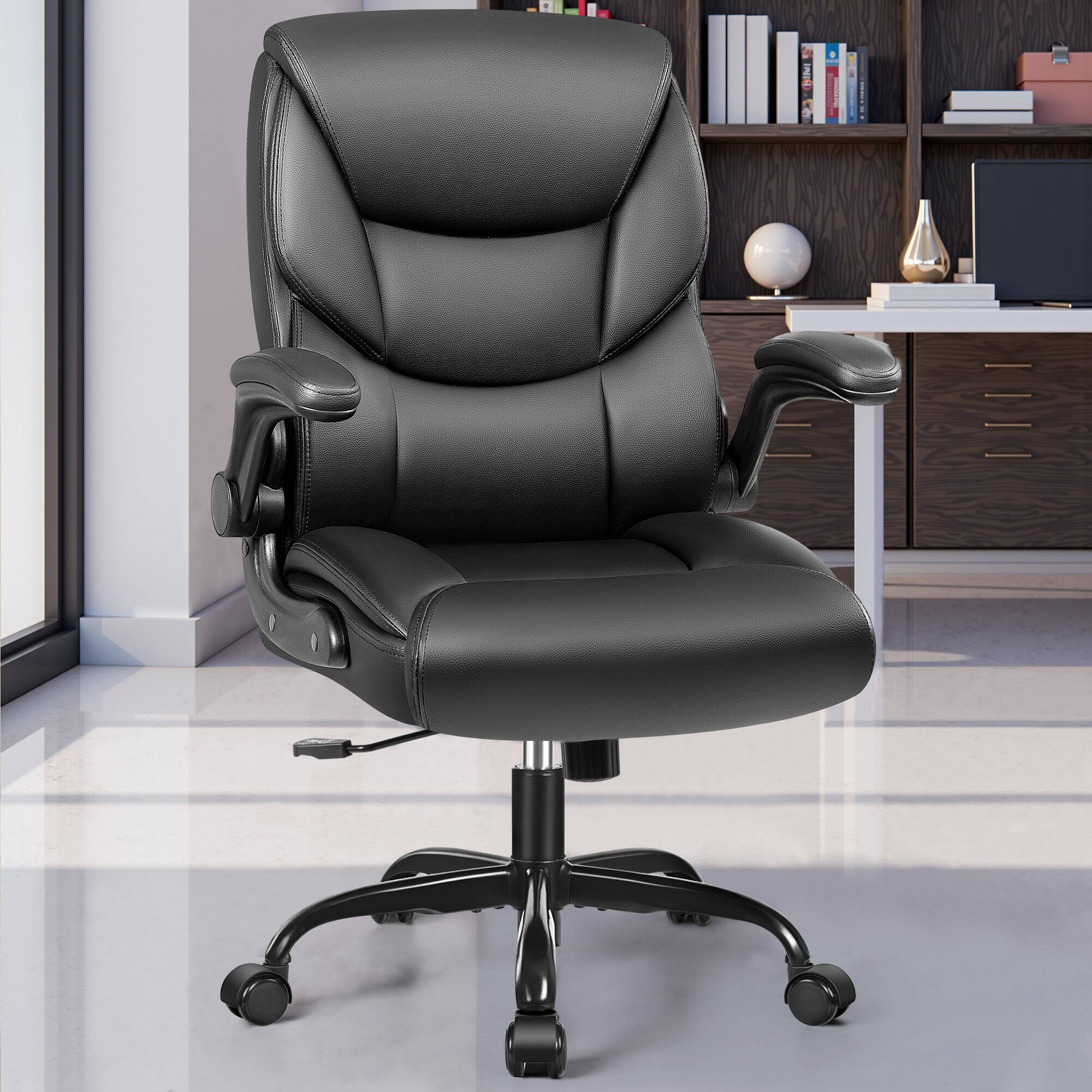 Alt View 4. KERDOM - PU Leather Ergonomic Home Desk Chair, Tilt Small Computer Chair Adjustable Height, Rolling Swivel & Flip-Up Padded Arms - Black.