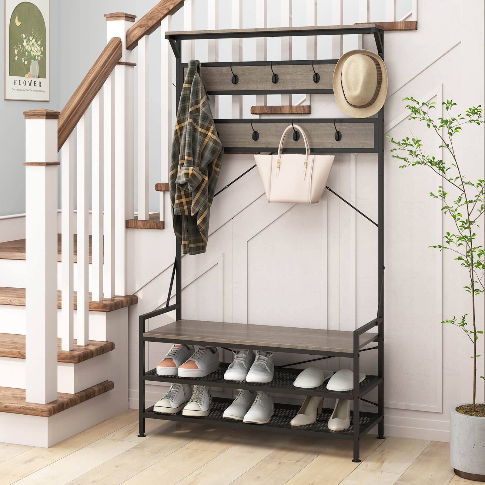 Alt View 4. Costway - Costway Coat Rack 4-In-1 Hall Tree with 11 Hanging Hooks, Shoe Bench, 2-Tier Shoe Rack - Gray,Black.