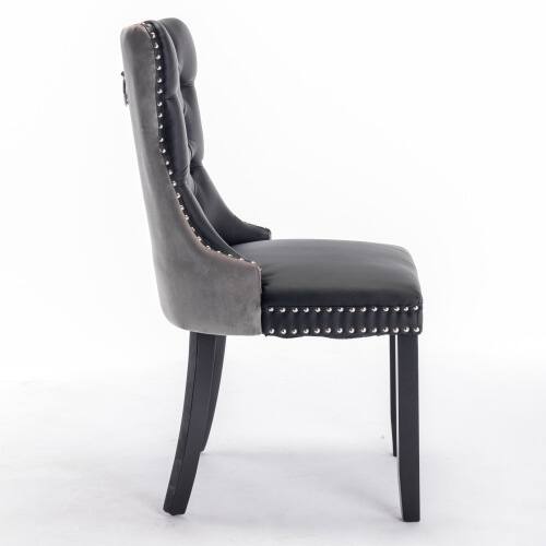 Back. LUCKY ONE - Assembled Tufted PU Velvet Dining Chair Set of 2 with Wood Legs Nailhead Trim High Back - Black+ Gray.