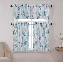 Kate Aurora - Watercolor Floral Lillies Complete 3 Piece Rod Pocket Kitchen Curtain Tier & Valance Set - Teal