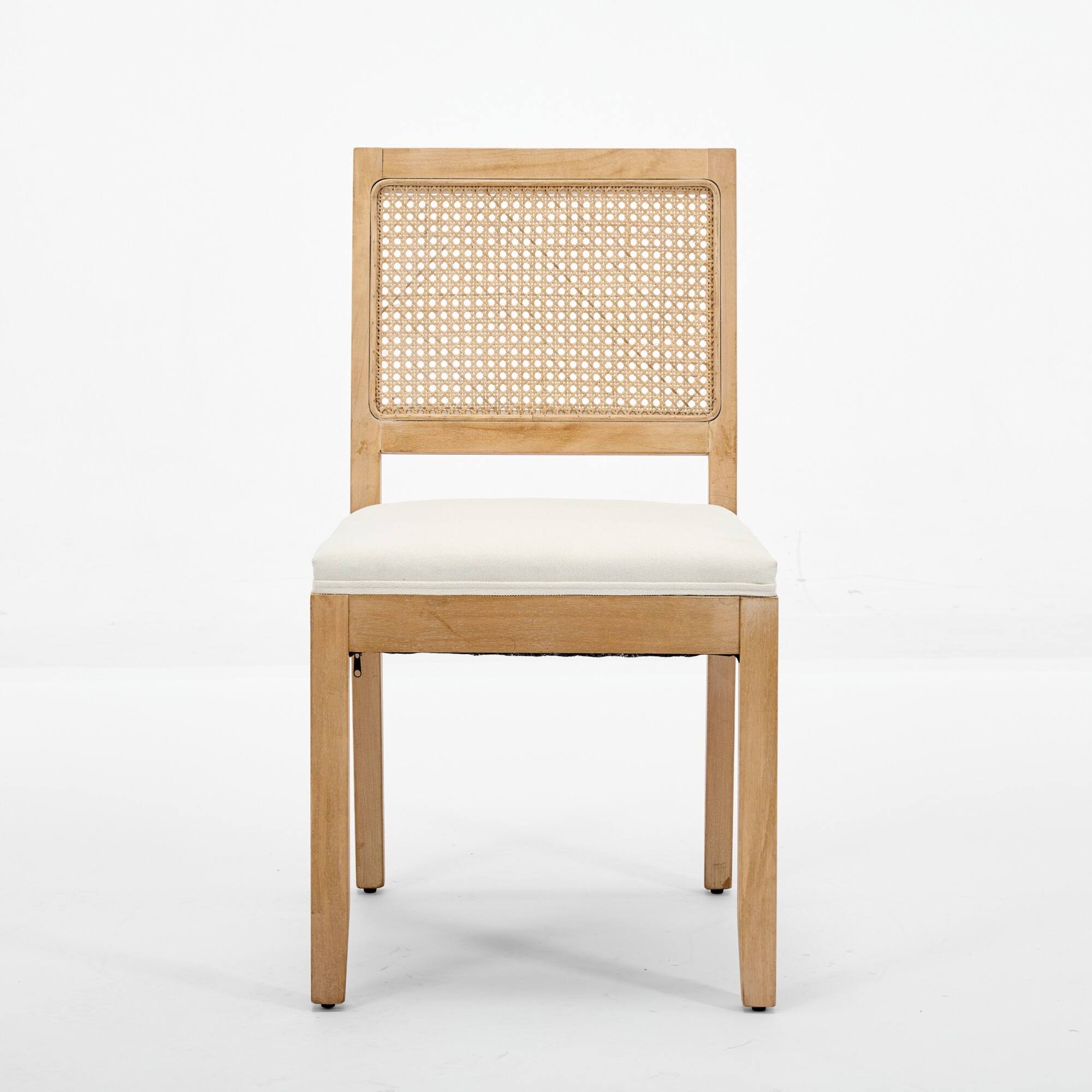 Angle. GOODSILO - Set of 2 Modern Farmhouse Dining Chairs with Rattan Backrest and Linen Upholstery for Kitchen and Dining Room - Beige.