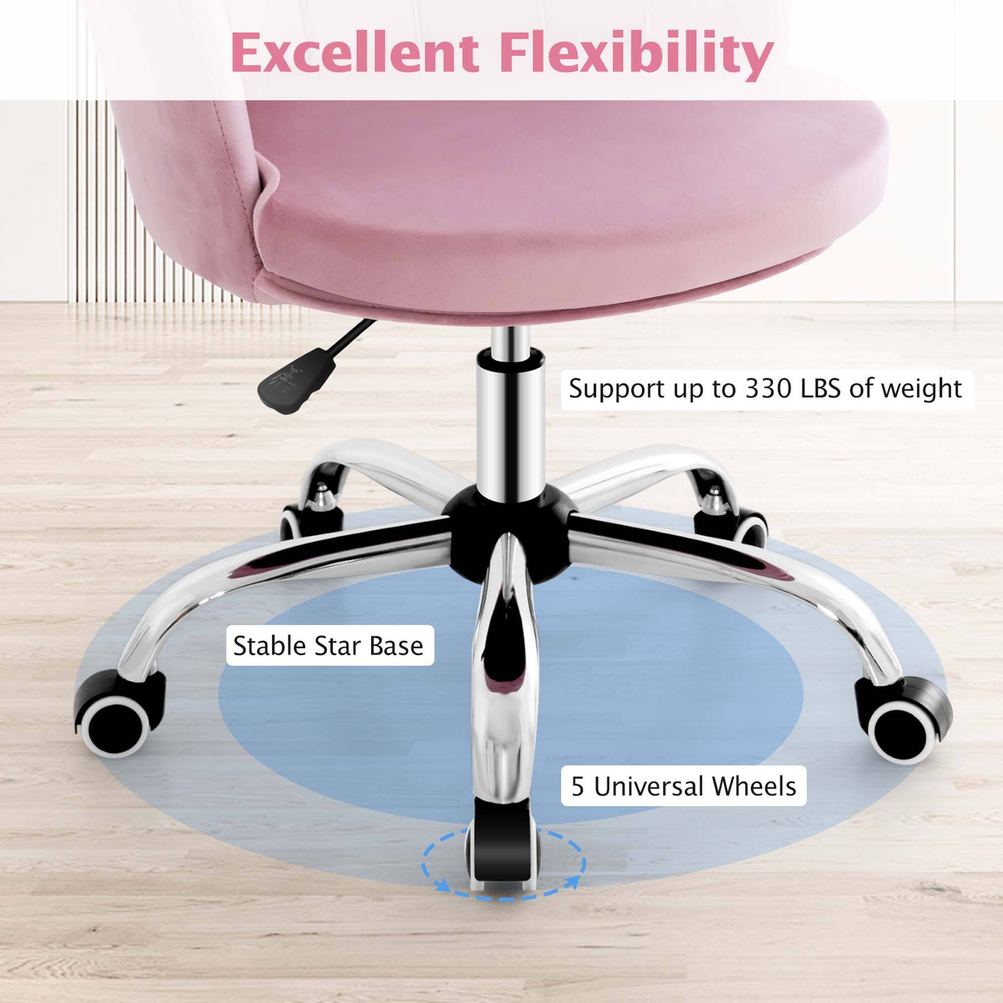 The text on the image reads: "Excellent Flexibility Support up to 330 LBS of weight Stable Star Base 5 Universal Wheels."