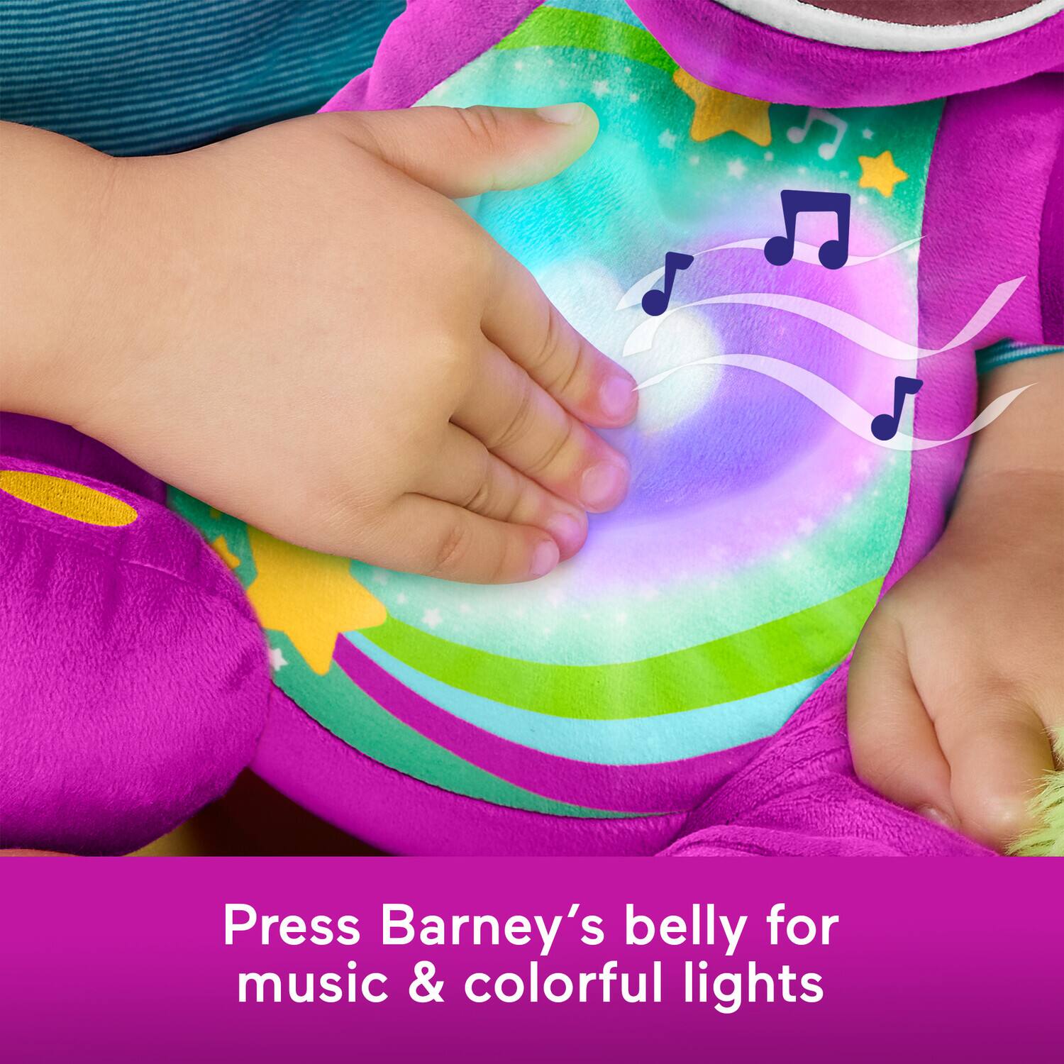 Press Barney's belly for music and colorful lights.