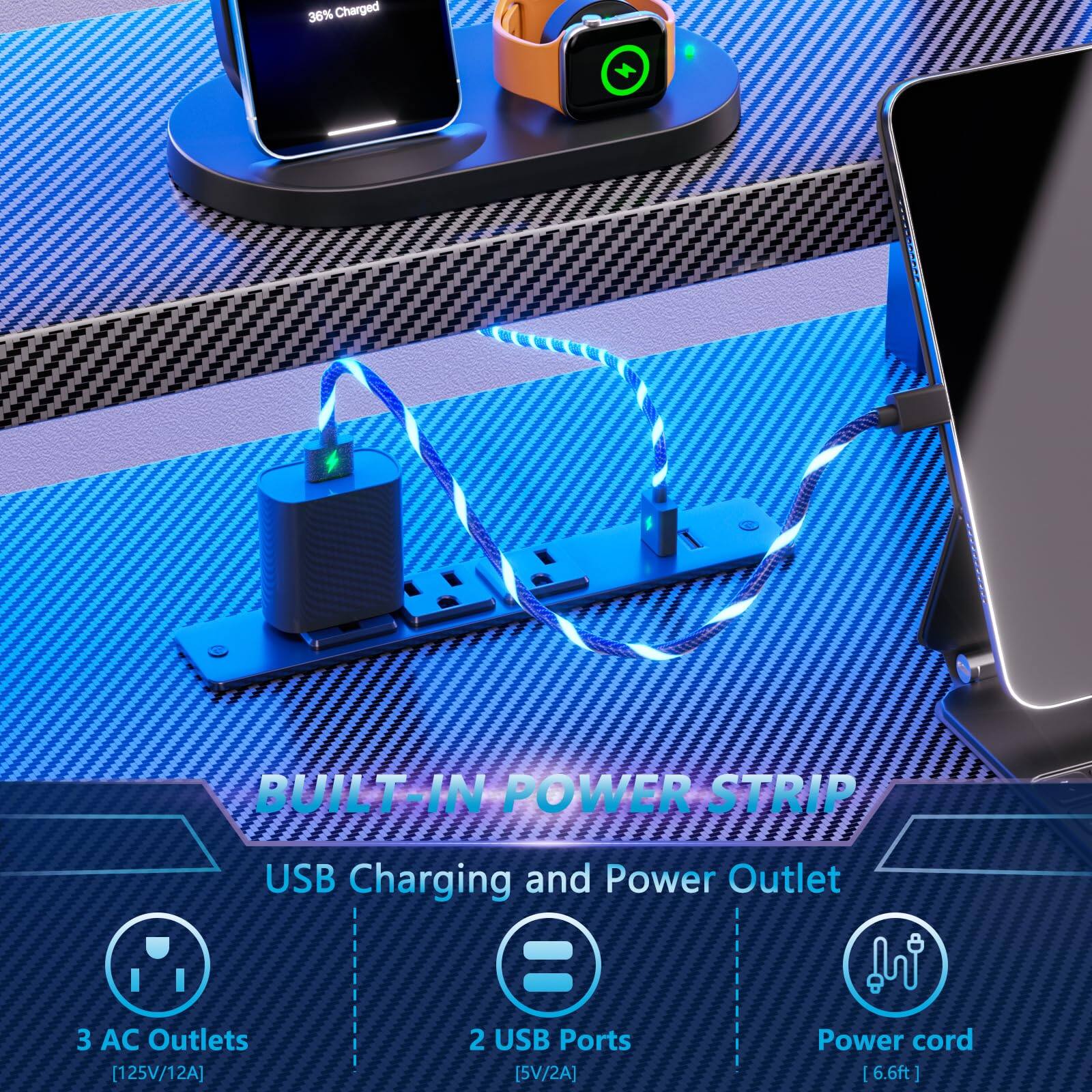 36% Charged

BUILT-IN POWER STRIP  
USB Charging and Power Outlet

- 3 AC Outlets [125V/12A]
- 2 USB Ports [5V/2A]
- Power cord [6.6ft]