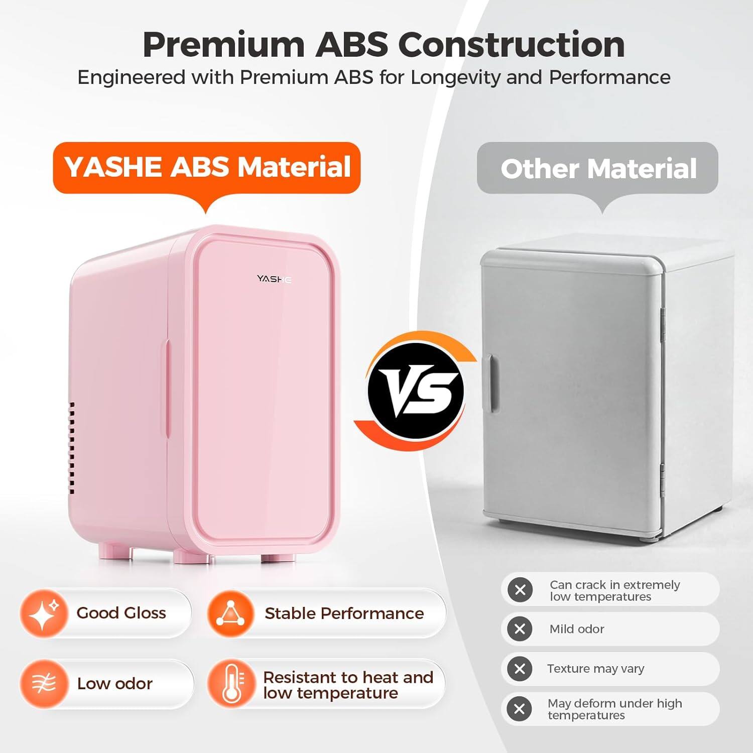 Premium ABS Construction  
Engineered with Premium ABS for Longevity and Performance

YASHE ABS Material  
Other Material

YASHE

VS

Good Gloss  
Stable Performance  
Low odor  
Resistant to heat and low temperature

Can crack in extremely low temperatures  
Mild odor  
Texture may vary  
May deform under high temperatures