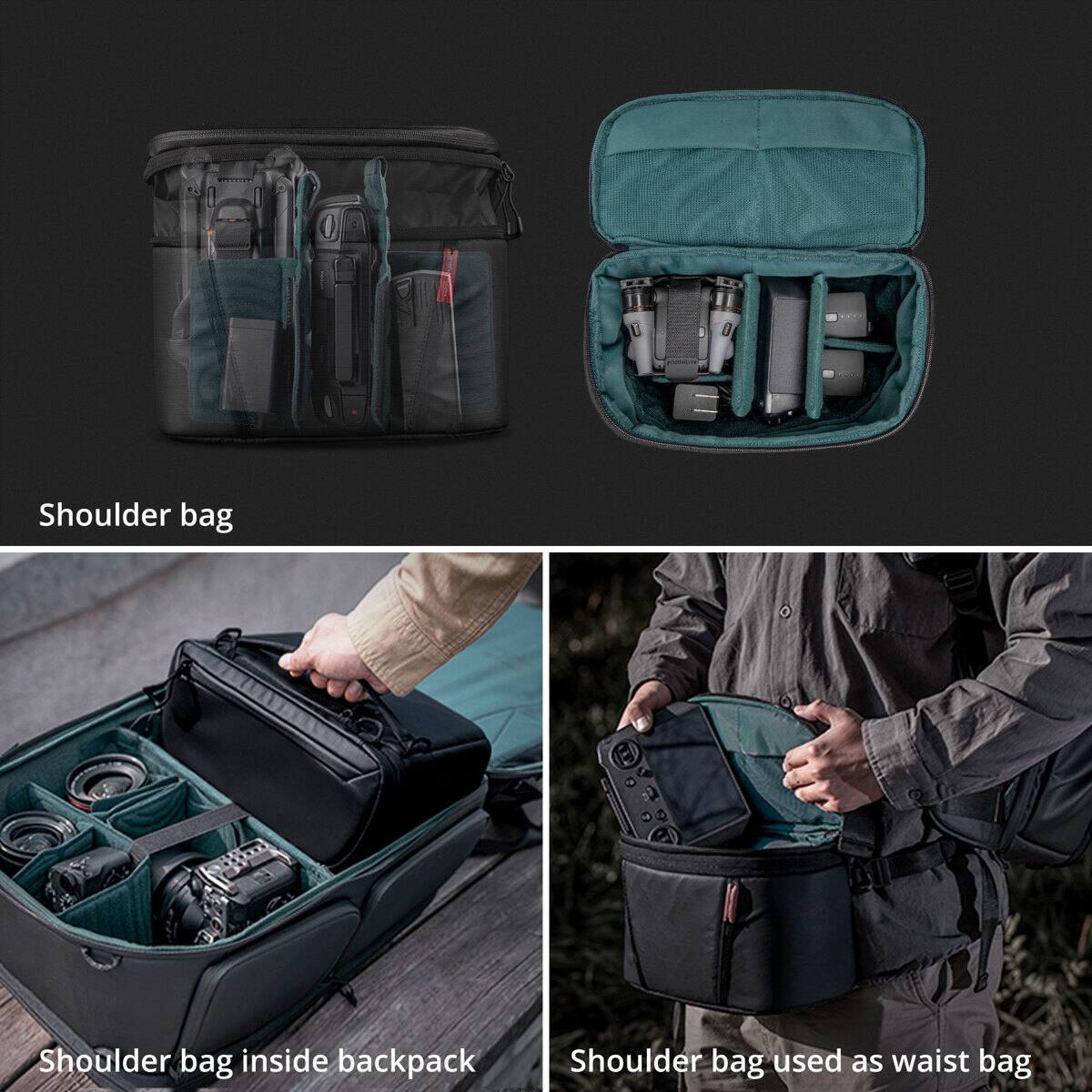 Shoulder bag  
Shoulder bag inside backpack  
Shoulder bag used as waist bag