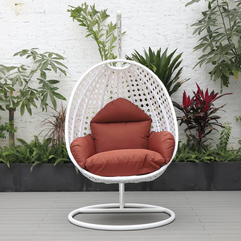 Back. LeisureMod - LeisureMod Modern Handwoven White Wicker Egg Swing Chair with Stand - Single Hanging Indoor/Outdoor Chair for Patio - Cherry.