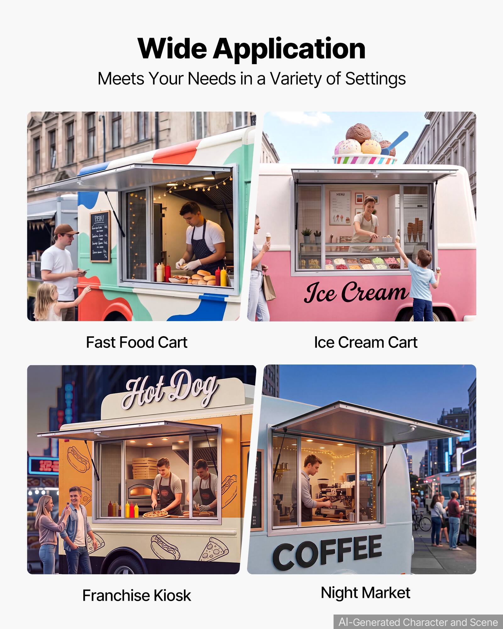 Wide Application Meets Your Needs in a Variety of Settings

- Fast Food Cart
- Ice Cream Cart
- Franchise Kiosk
- COFFEE Night Market

AI-Generated Character and Scene