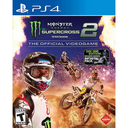 PS4
MONSTER ENERGY AMA SUPERCROSS 2
FIM World Championship
THE OFFICIAL VIDEOGAME
DAY ONE EDITION
EXCLUSIVE CONTENTS:
INFINITY PACK
TEEN
ESRB
MILESTONE - T (Teen 13+)