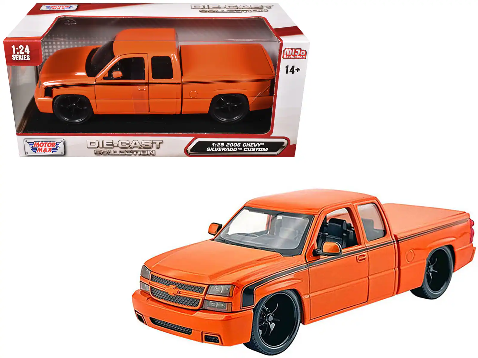 Motormax - 2006 Chevrolet Silverado Custom Pickup Truck Stripes "Die-Cast Collection" Series 1/25 - Orange Metallic with Black
