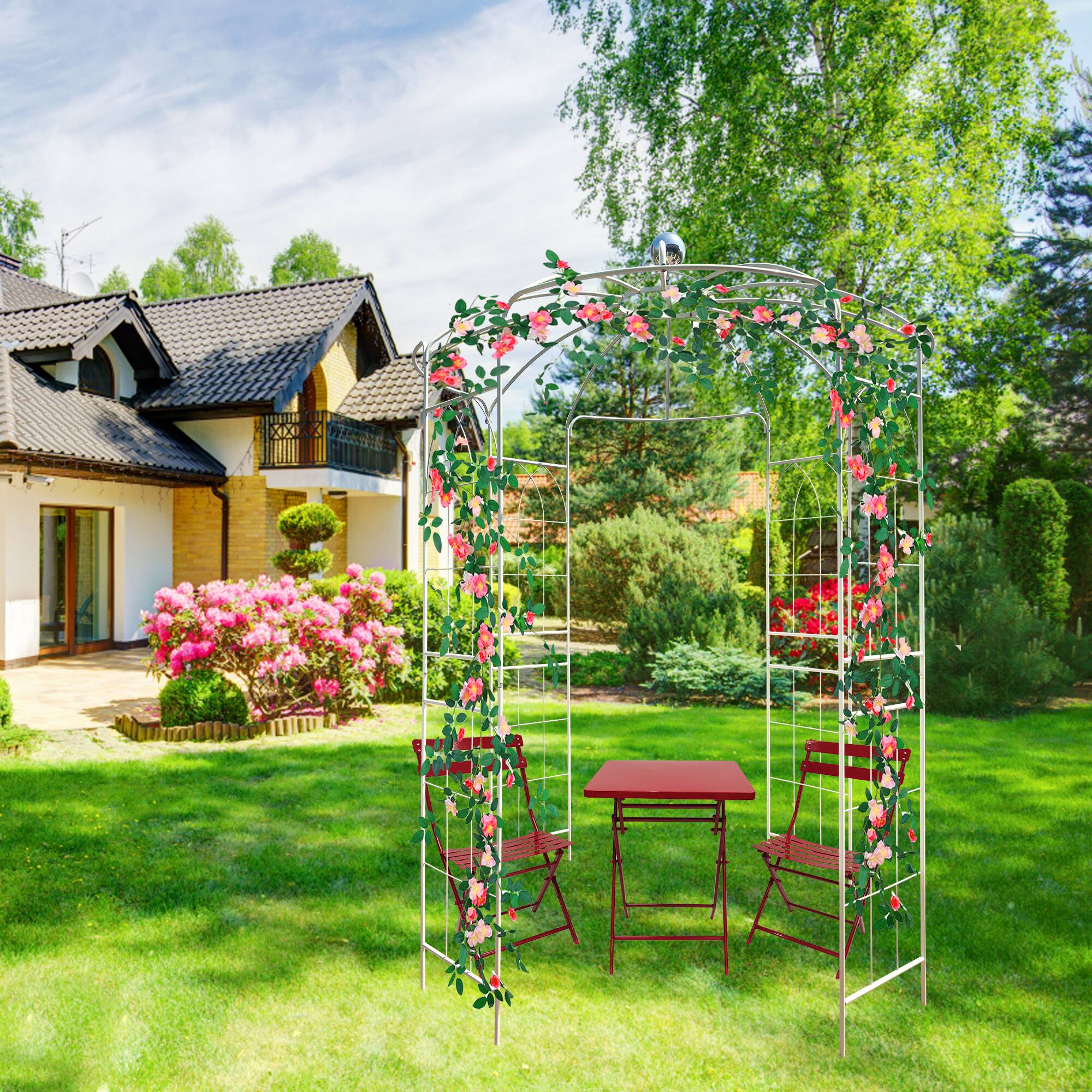 Alt View 4. Loheer - 6.8 ft Metal Garden Arch Gazebo Birdcage Pergola Arbor for Wedding Ceremony Patio Lawn - Cream White.