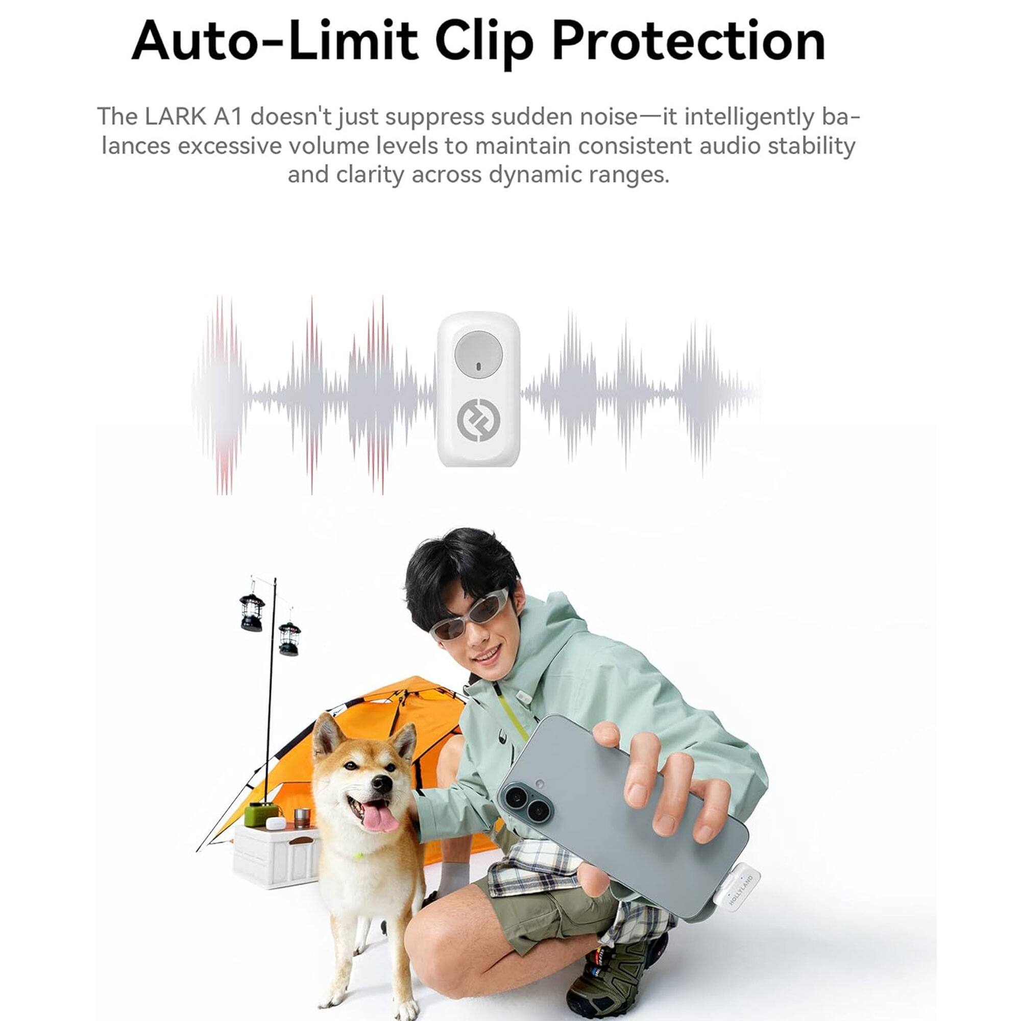 Auto-Limit Clip Protection

The LARK A1 doesn't just suppress sudden noise—it intelligently balances excessive volume levels to maintain consistent audio stability and clarity across dynamic ranges.