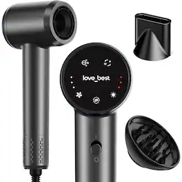 Love Best - Hair Dryer with Touchscreen, Quiet Lightweight High-Speed Dryer with Magnetic Nozzle and Diffuser - Gray