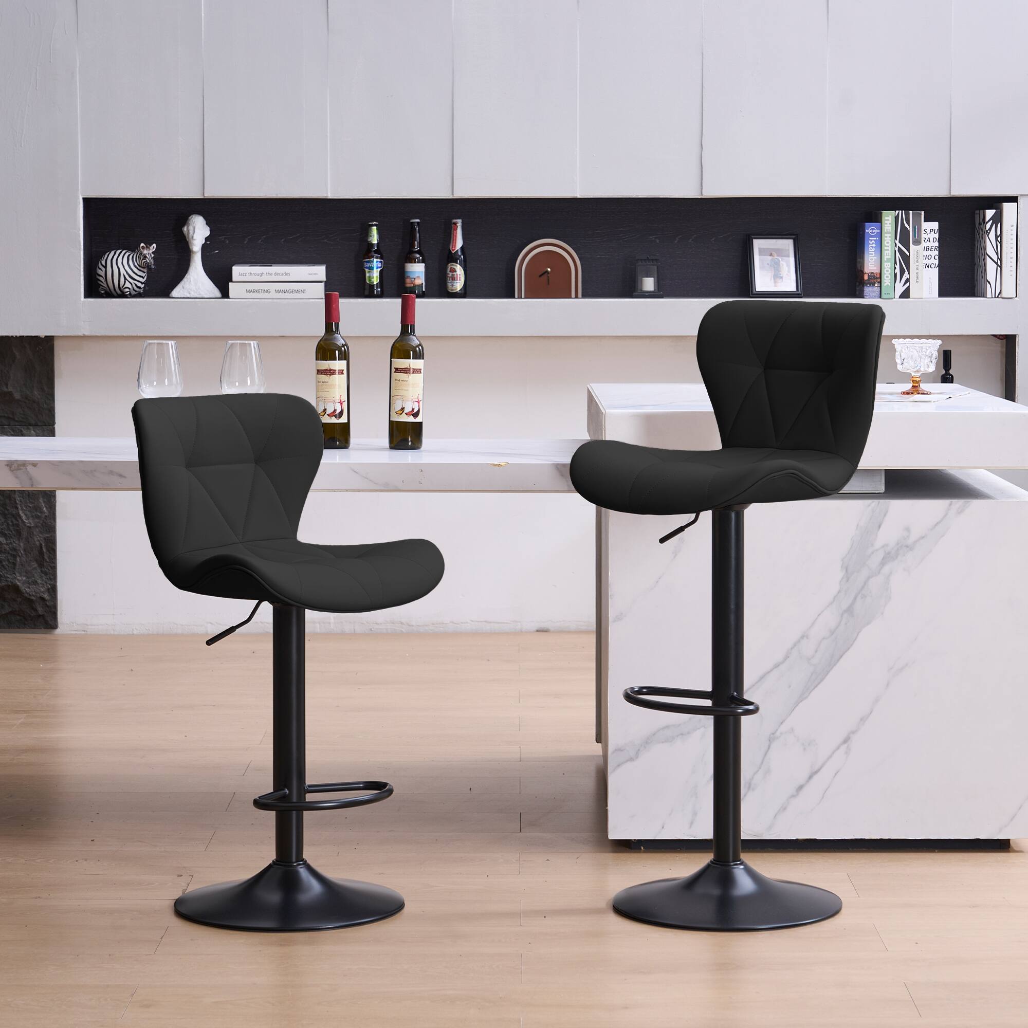 FERPIT - Set of 2 Modern Adjustable Height Bar Stools Padded PU Leather Swivel Stools - Black