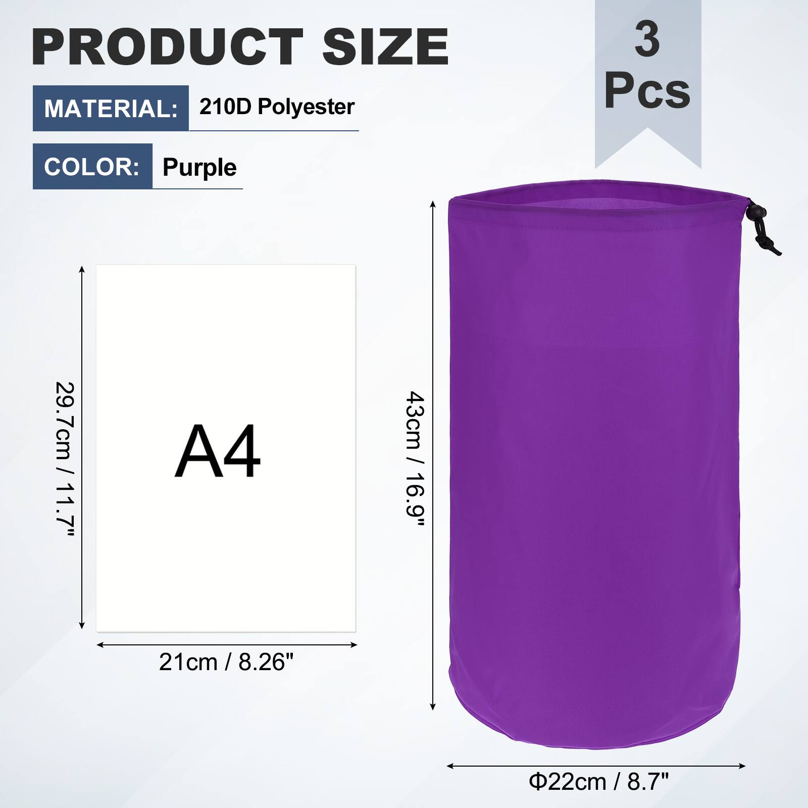 PRODUCT SIZE  
MATERIAL: 210D Polyester  
3 Pcs  
COLOR: Purple  
29.7cm / 11.7"  
A4 21cm / 8.26"  
43cm / 16.9"  
Φ22cm / 8.7"