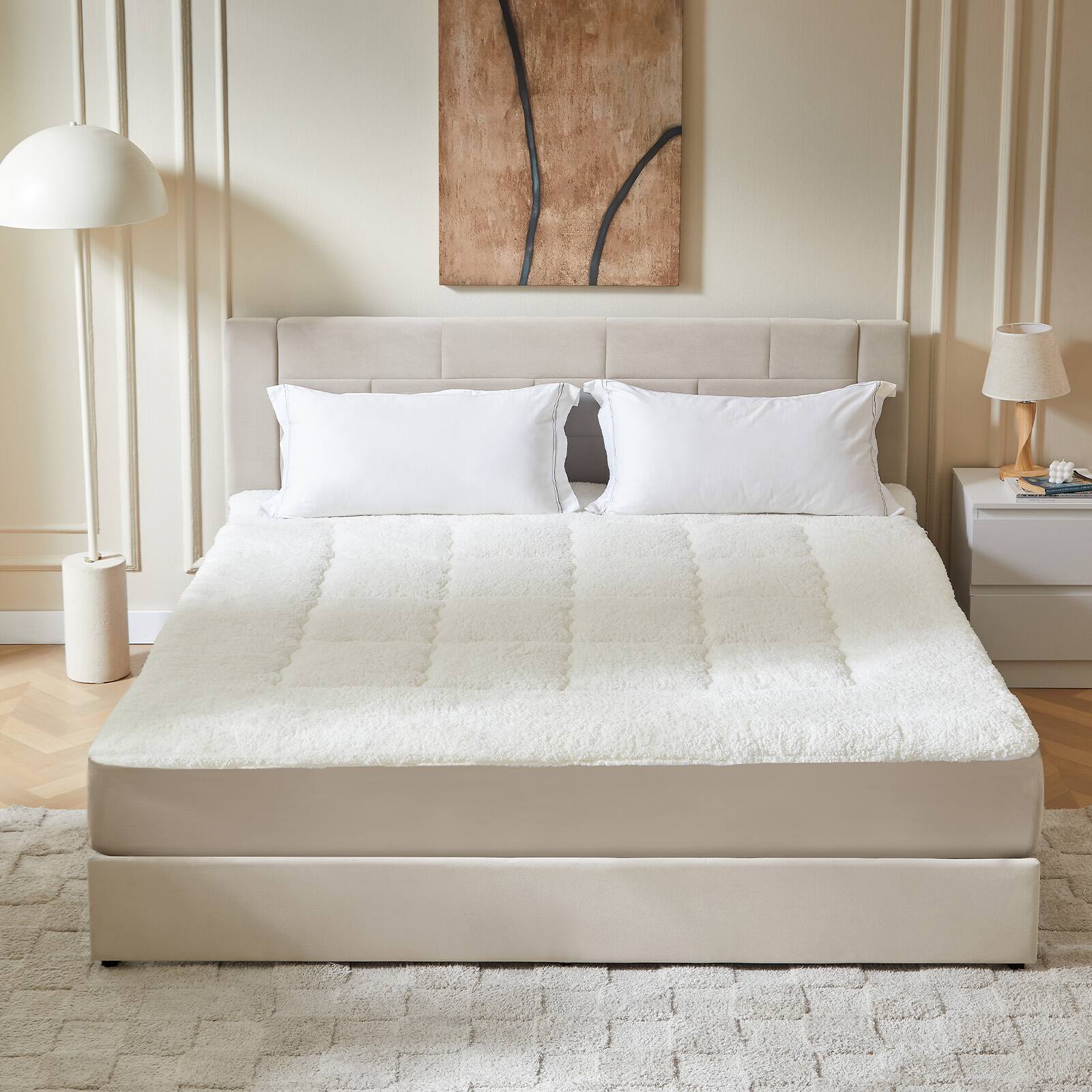 Angle. Pinmoco - 3.15" Thick Teddy Fleece Mattress Topper, Plush Pillow Top Bed Mattress Pad, Soft Mattress Protector Cover - off-white.