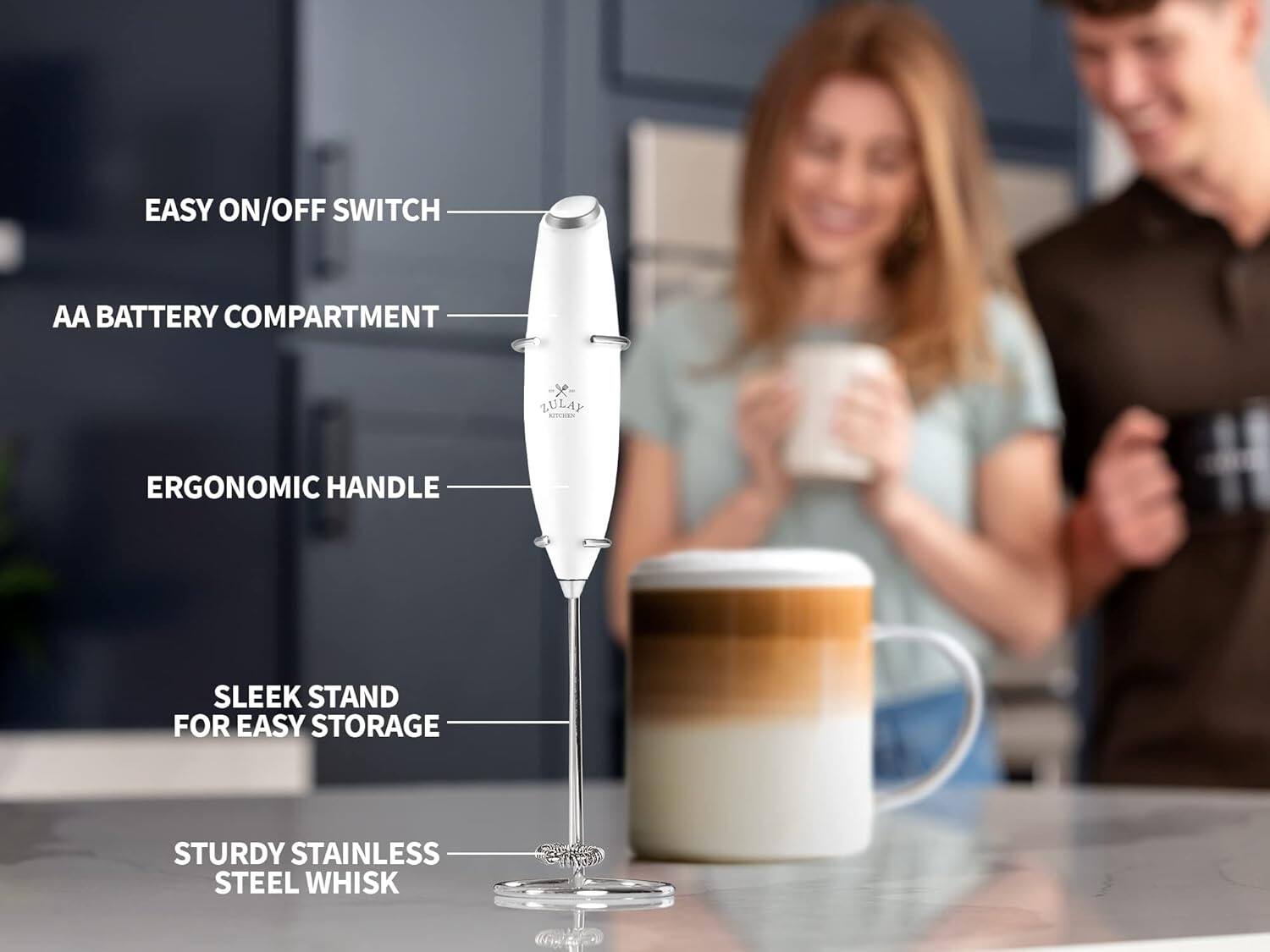 EASY ON/OFF SWITCH  
AA BATTERY COMPARTMENT  
ERGONOMIC HANDLE  
SLEEK STAND FOR EASY STORAGE  
STURDY STAINLESS STEEL WHISK